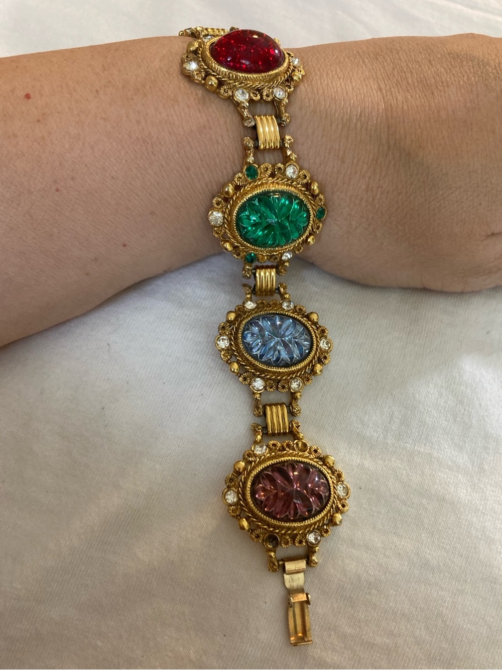 Jewel Toned Glass Cabochons Ornate Framed Vintage Bracelet